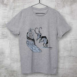 Camiseta estampada de algodão cinza clara - Aqui jáz um blefe - Cartunista das cavernas